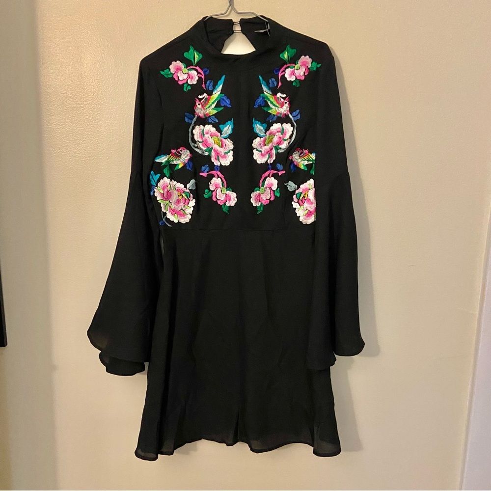 NWT ASOS Black Dress with Floral Bird Embroidery size 10